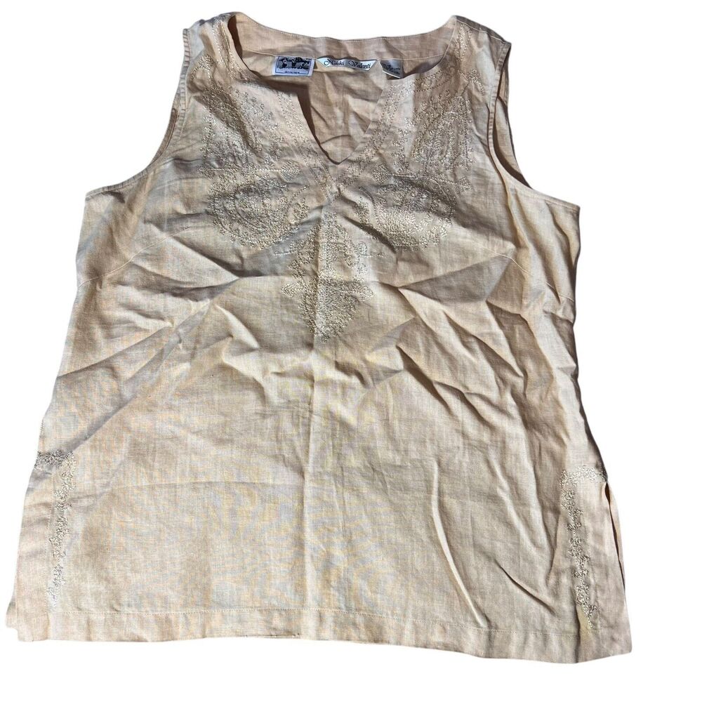 Nikki Valenti Irish‎ Linen Top Pants Set Womens Sz. 16 Embroidered Tan Lagenlook